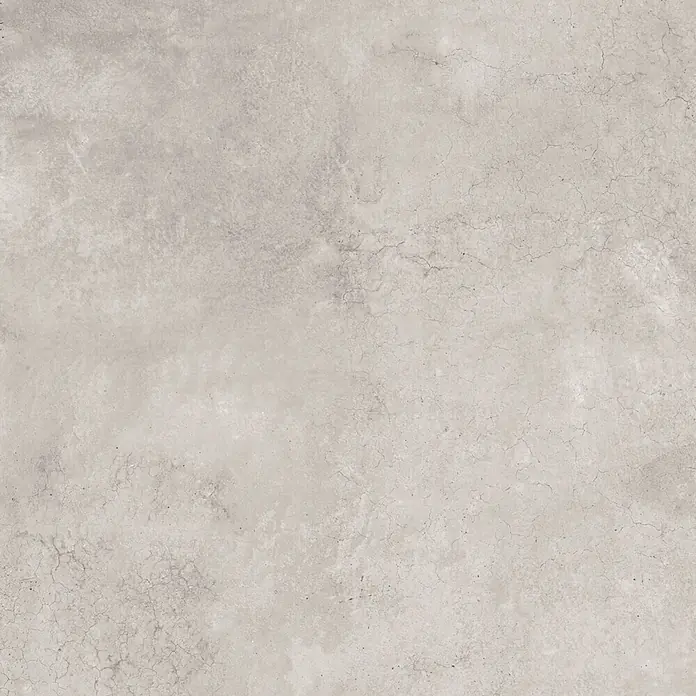 Feinsteinzeug in gewachster hellgrauer Betonoptik 60x60 - Ital. Fliesen -  - Hellgraue Betonoptik-Oberflächenstruktur mit subtilen Variationen und feinen Rissen.