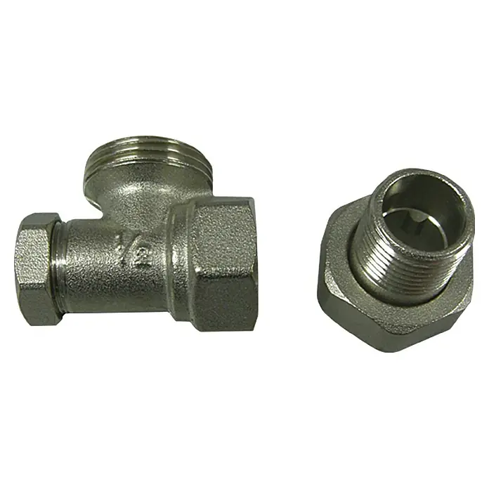 Heizkörperverschraubung - ½″, Eck - Ein T-Stück und eine Verschraubung aus Metall. Ideal für Sanitärinstallationen.