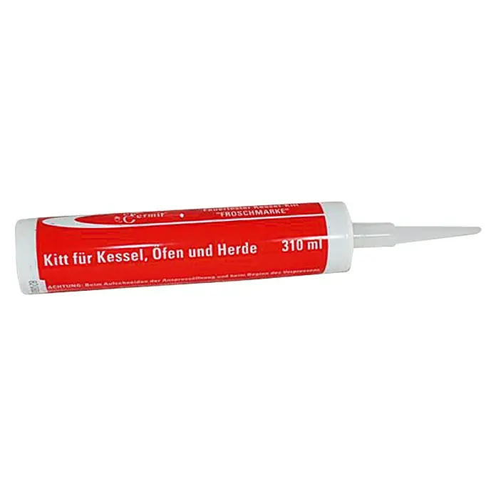 Dichtungsmittel - 0,31 l, Graubraun - Produktabbildung eines 310-ml-Tuben-Kitt für Kessel, Öfen und Herde der Marke "Cermir", ein hitzebeständiges Dichtungsmittel.