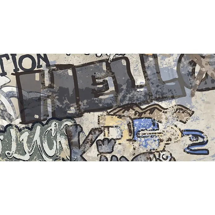 Dekorierte Graffiti-Feinsteinzeug Wandfliese in Beige 60x120, -  - Abstraktes Graffiti-Kunstwerk mit überlappenden Textfragmenten wie 'TION', 'HELL', 'LUCK' im urbanen Stil mit gedämpften Farben.