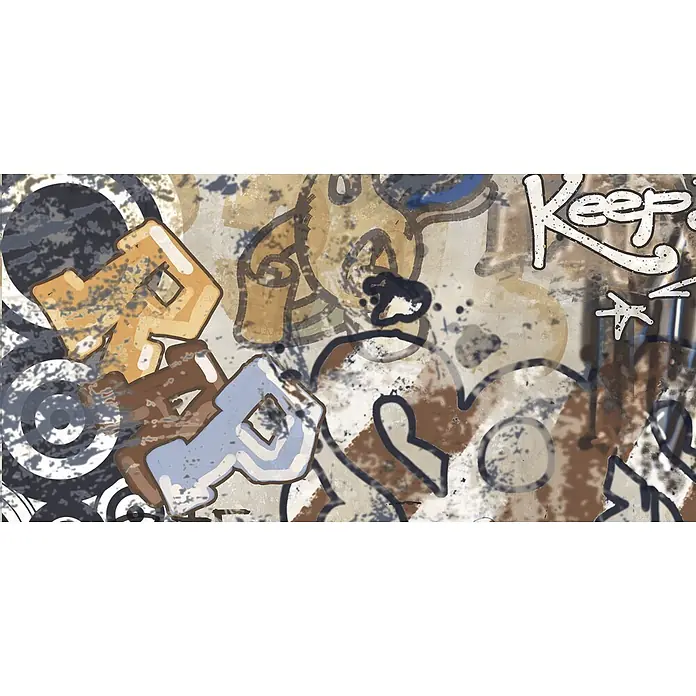 Dekorierte Graffiti-Feinsteinzeug Wandfliese in Beige 60x120, -  - Abstraktes Graffiti-Kunstwerk mit geschichteten Buchstaben, dynamischen Formen und dem Wort „Keep“ in Erdtönen.