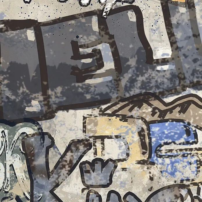 Dekorierte Graffiti-Feinsteinzeug Wandfliese in Beige 60x120, -  - Stilisiertes abstraktes Bild mit dunklen, graffitiähnlichen Umrissen auf strukturiertem hellem Hintergrund mit blauen und gelben Akzenten.