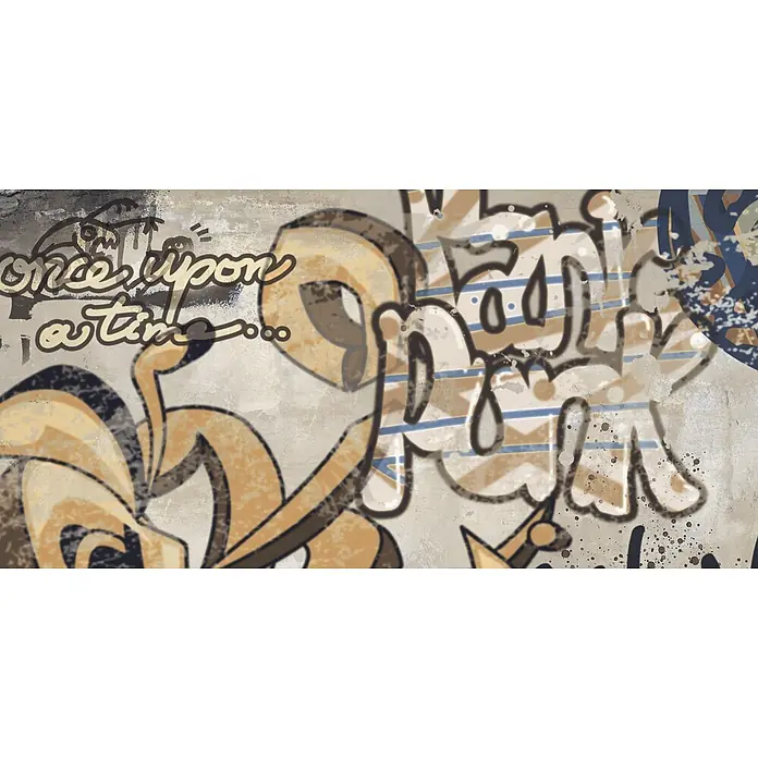 Dekorierte Graffiti-Feinsteinzeug Wandfliese in Beige 60x120, -  - Grunge-Graffiti-Kunst mit dem Text „once upon a time…“ und abstrakten Formen in Erdtönen auf einer strukturierten Wand.
