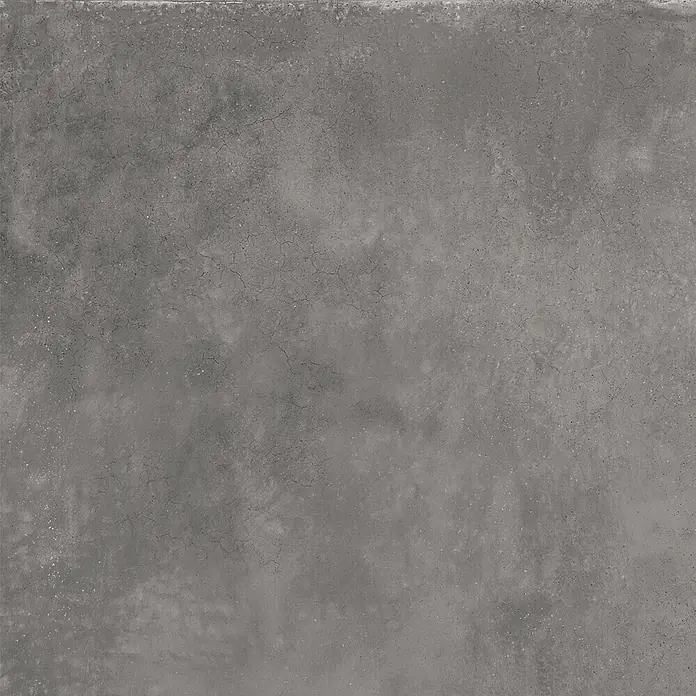 Feinsteinzeug in gewachster anthrazitfarbener Betonoptik 80x80 -  - Texturierte dunkelgraue Betonoptik-Oberfläche mit feinen Rissen und Farbvariationen.