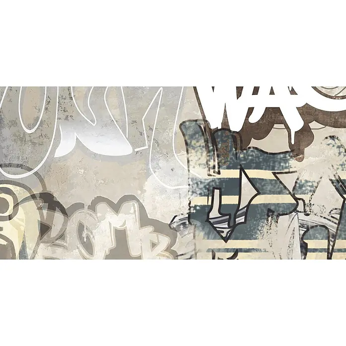Dekorierte Graffiti-Feinsteinzeug Wandfliese in Beige 60x120, -  - Grunge-Graffiti-Wandkunst mit geschichteter Typografie in gedämpften Grau-, Beige-, Blaugrün- und Weißtönen, mit strukturierten Effekten.