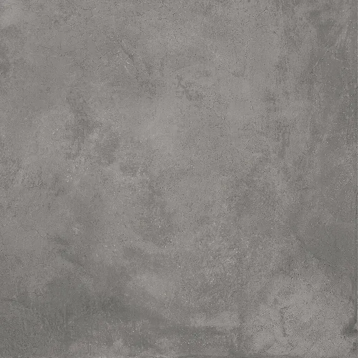 Feinsteinzeug in gewachster anthrazitfarbener Betonoptik 80x80 -  - Raue graue Betontextur mit feinen Rissen und Farbvariationen.