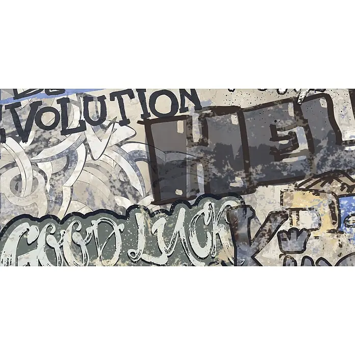 Dekorierte Graffiti-Feinsteinzeug Wandfliese in Beige 60x120, -  - Geschichtetes Street-Art-Design mit den Texten „VOLUTION“ und „Good Luck“, abstrakten Formen und strukturierten Texturen in Grau, Beige und Blau.