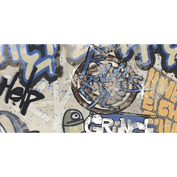 Dekorierte Graffiti-Feinsteinzeug Wandfliese in Beige 60x120, -  - Dynamisches Graffiti-Kunstwerk mit geschichtetem Text 'Help' und urbanen Tags in Blau, Gelb, Schwarz und Braun auf Grunge-Texturen.