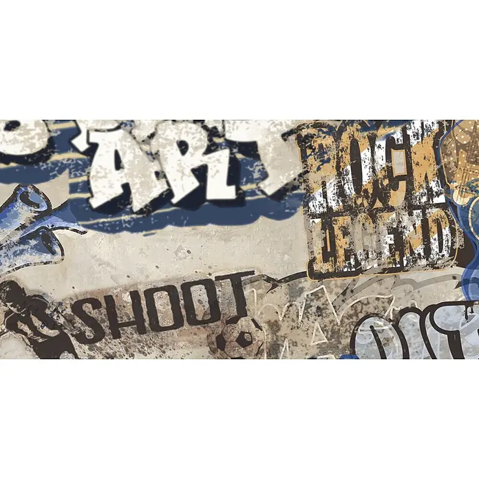 Dekorierte Graffiti-Feinsteinzeug Wandfliese in Beige 60x120, -  - Grunge-Graffiti-Hintergrund mit abgenutztem Text 'ROCK LEGEND' und 'SHOOT', Silhouette eines Fußballspielers, Ball und abstrakten Musikelementen.