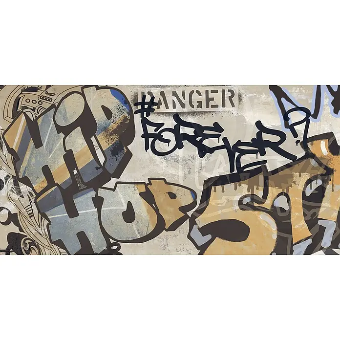 Dekorierte Graffiti-Feinsteinzeug Wandfliese in Beige 60x120, -  - Graffiti-Fliese mit „HIP HOP“, „DANGER“ und „#FOREVER“ in Erdtönen, Blau und Schwarz, mit Sprühfarbe und Tropfeneffekten.
