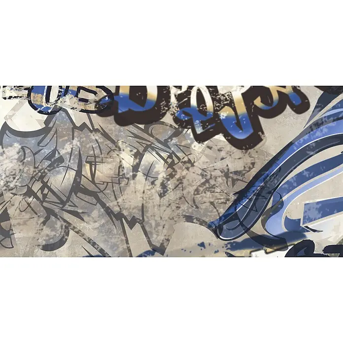 Dekorierte Graffiti-Feinsteinzeug Wandfliese in Beige 60x120, -  - Abstrakte Graffiti-Kunst mit blauen, braunen und schwarzen Textelementen und Used-Texturen.