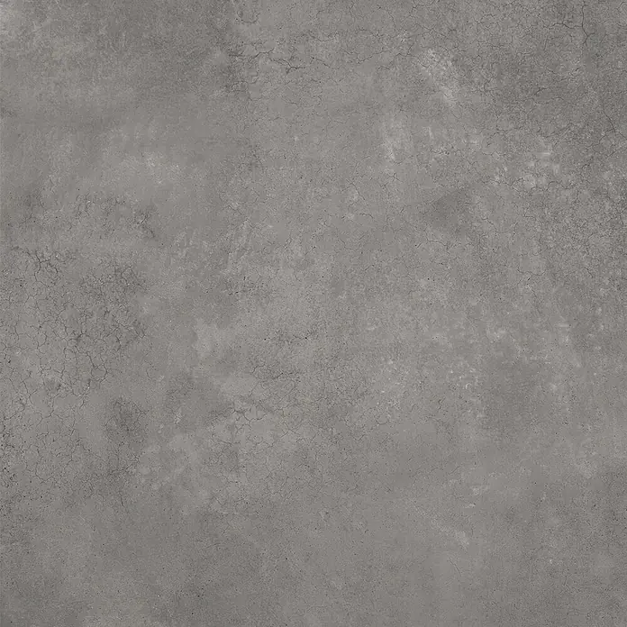 Feinsteinzeug in gewachster anthrazitfarbener Betonoptik 80x80 -  - Strukturierte graue Betonoberfläche mit feinen Rissen und Variationen, ideal für Böden oder Wandverkleidungen im Industriestil.