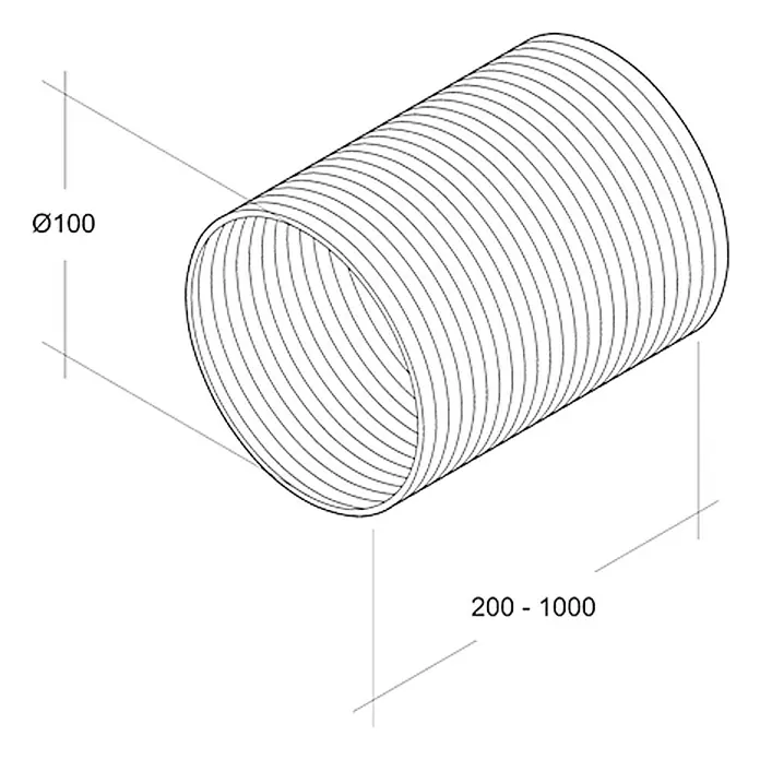 Air-Circle Flexrohr - Aluminium, Ø x L: 100 mm x 1 m, Max. Luftleistung: 300 m³/h - Abbildung eines flexiblen Lüftungsschlauchs mit den Maßen Ø100 und einer Länge von 200-1000 mm.