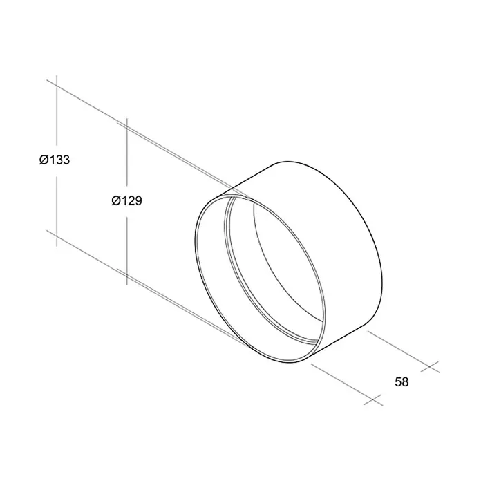 Air-Circle Rundrohr-Außenverbinder - Durchmesser: 125 mm, Weiß - Abbildung eines Rohrstücks mit den Durchmessern Ø133 und Ø129 sowie einer Länge von 58, dargestellt in einer technischen Zeichnung.