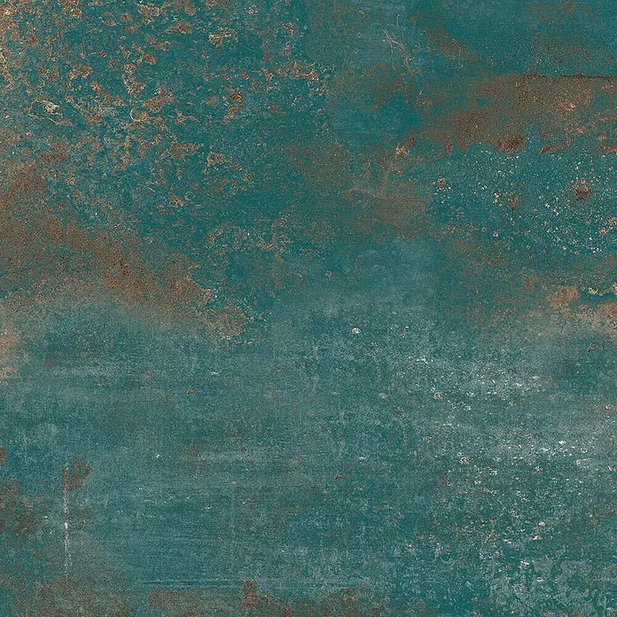Feinsteinzeug in oxidierter grüner Metalloptik 60x60 - Italienische Fliesen -  - Verwitterte petrolblaue Metalltextur mit braunen Rostakzenten.