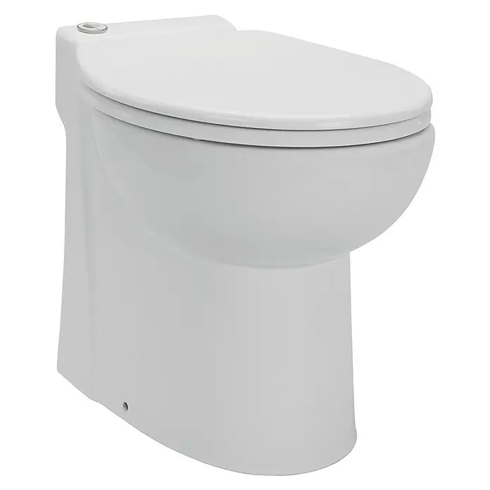 Admiral WC mit Kleinhebeanlage - Max. Förderhöhe: 3 m, Max. Förderweite: 30 m - Nahaufnahme einer weißen Toilette mit geschlossenem Deckel, die ein modernes und hygienisches Design für Badezimmer zeigt.