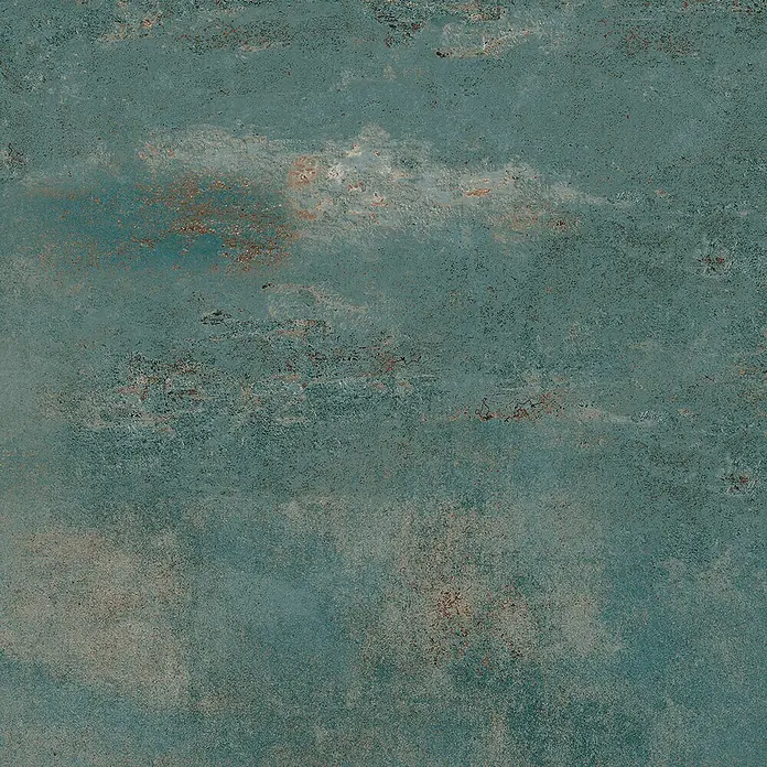 Feinsteinzeug in oxidierter grüner Metalloptik 60x60 - Italienische Fliesen -  - Verwitterte petrolfarbene Metalltextur mit rostbraunen und hellgrauen Akzenten.