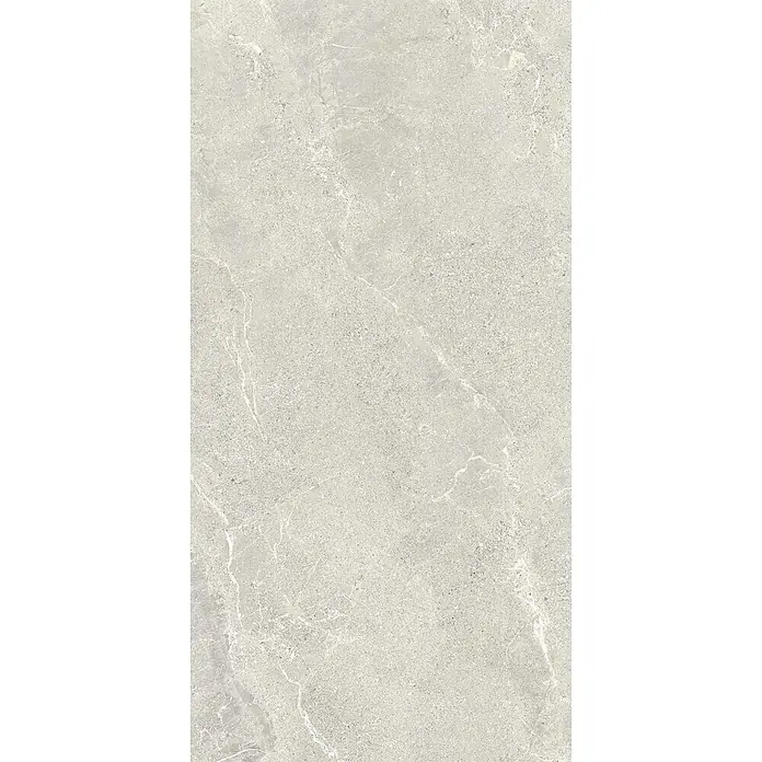 Feinsteinzeug in weißer Steinoptik 60x90, 20 mm, rutschhemmend -  - Helle graue Fliese in Steinoptik mit dezenter weißer Maserung und gesprenkelter Textur.