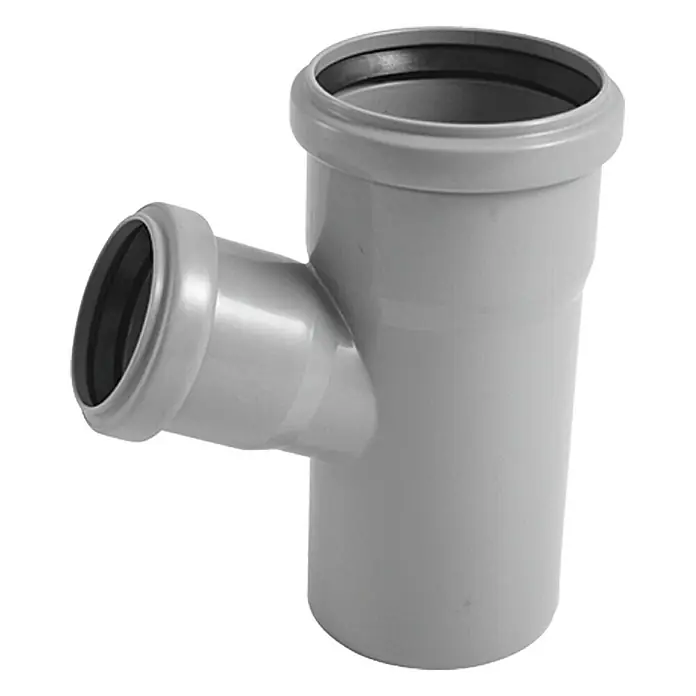 HT-Abzweig - DN 75/50, 67 ° - Graues PVC-T-Stück für Abwasserrohre, ideal für Sanitärinstallationen und Abwassersysteme.