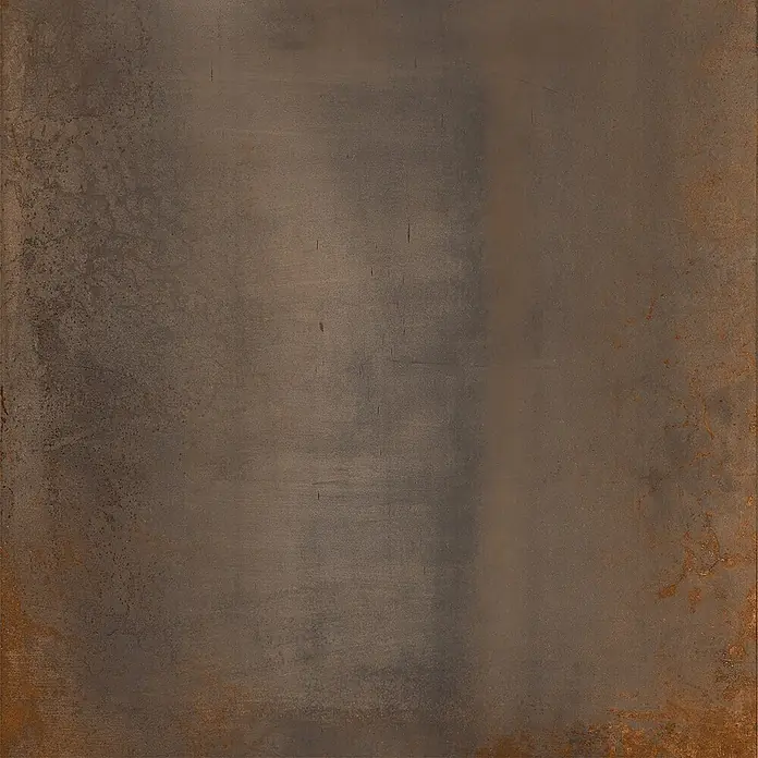 Feinsteinzeug in Corten-oxidierter Metalloptik 60x60 - Italienische Fliesen -  - Texturierte dunkelbraune Metalloberfläche mit Rostakzenten, die eine raue, erdige Ästhetik bietet.