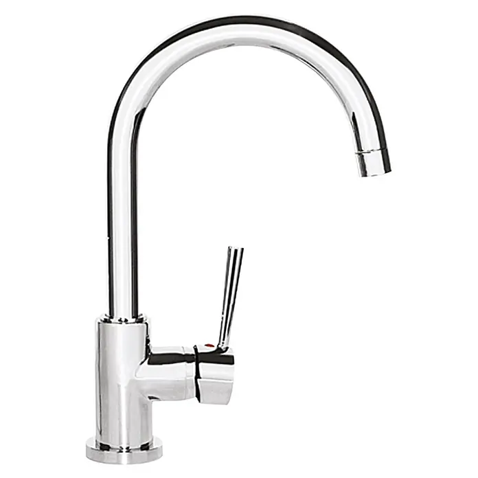 Camargue Merida Spültischarmatur - Schwenkbar, Chrom, Glänzend - Eine glänzende Chrom-Küchenarmatur mit einem hohen, gebogenen Auslauf und einem schlanken Hebel für eine moderne Küchengestaltung.