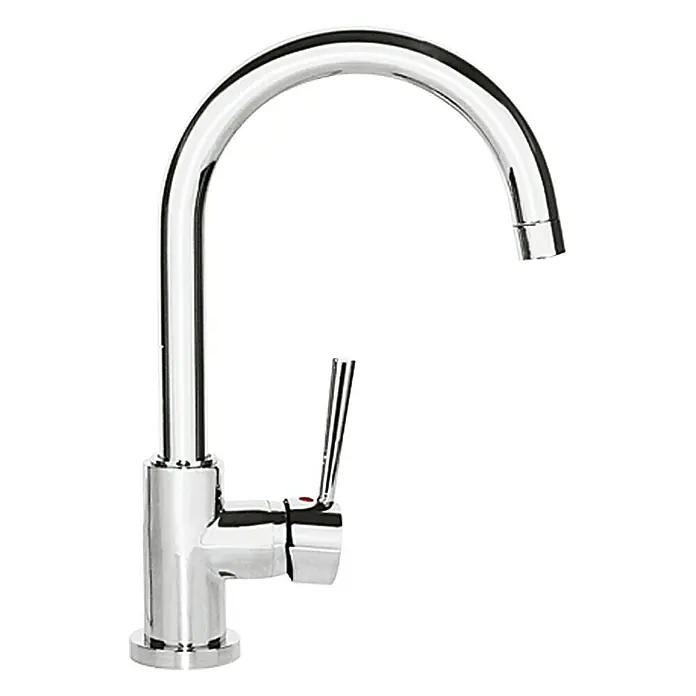 Camargue Merida Spültischarmatur - Schwenkbar, Chrom, Glänzend - Eine glänzende Chrom-Küchenarmatur mit einem hohen, gebogenen Auslauf und einem schlanken Hebel für eine moderne Küchengestaltung.