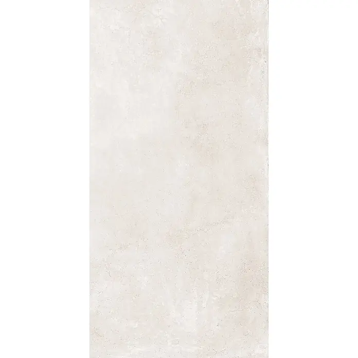 Feinsteinzeug in gewachster weißer Betonoptik 60x120 - Italienische Fliesen -  - Helle Fliese in Betonoptik, cremeweiß mit feiner Textur und leichten Rissen.