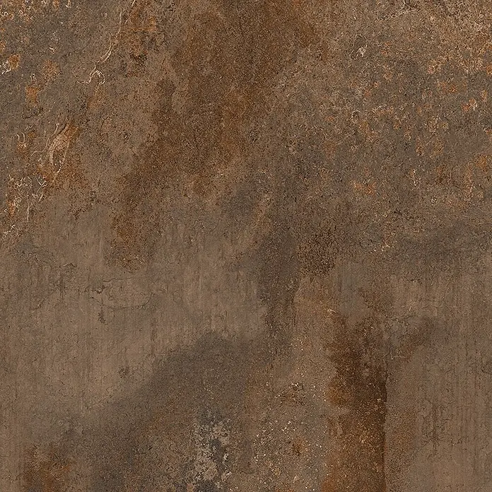 Feinsteinzeug in Corten-oxidierter Metalloptik 60x120 - Ital. Fliesen -  - Dunkelbraune, rustikale strukturierte Oberfläche mit rostfarbenen und erdigen Tönen.