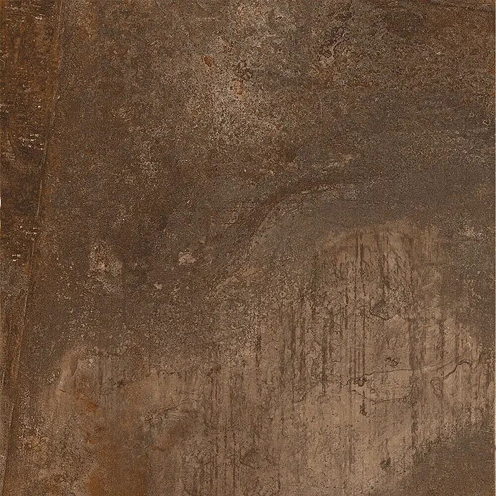 Feinsteinzeug in Corten-oxidierter Metalloptik 60x60 - Italienische Fliesen -  - Dunkelbraune, erdige Strukturfläche mit verwitterten Rostmustern und vertikalen Streifen.