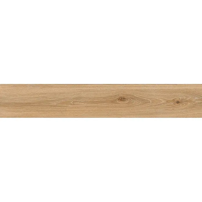 Feinsteinzeug in honigfarbener Holzoptik 20x120 - Italienische Fliesen -  - Hellbraune Holzoptik-Bodenplanke mit natürlicher Maserung und Ästen.