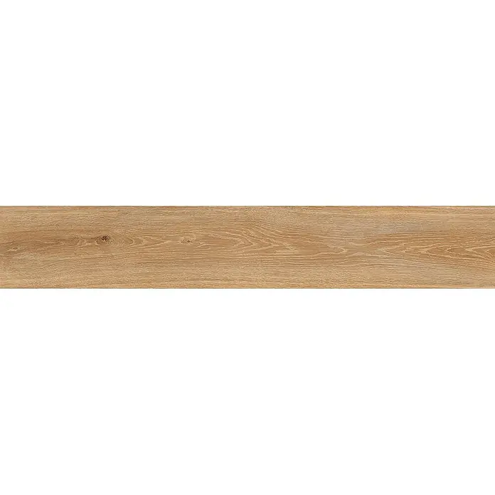 Feinsteinzeug in honigfarbener Holzoptik 20x120 - Italienische Fliesen -  - Helles braunes Holzbrett mit ausgeprägter Maserung und kleinen Ästen, geeignet für Böden oder Verkleidungen.
