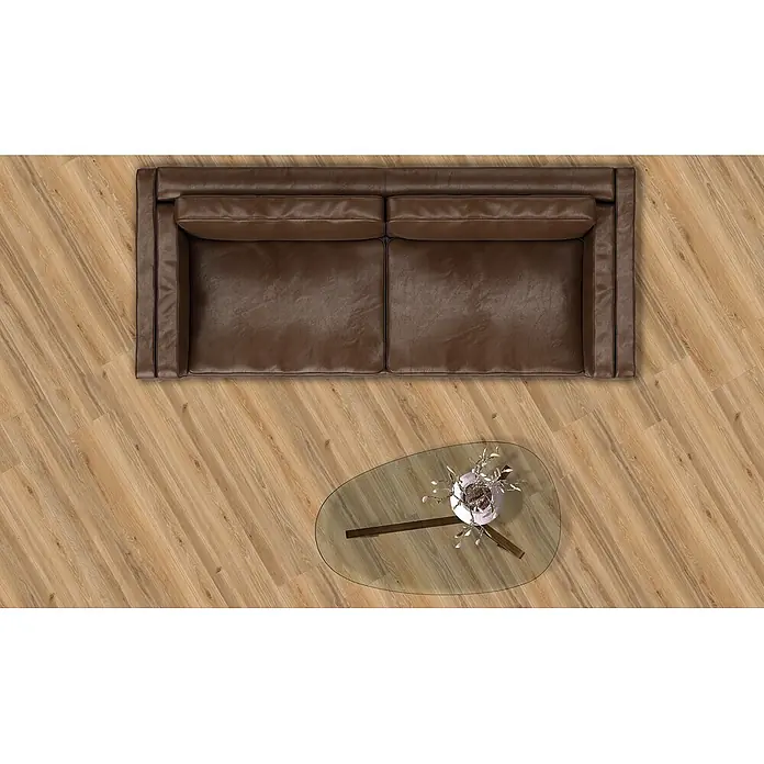 Feinsteinzeug in honigfarbener Holzoptik 20x120 - Italienische Fliesen -  - Braunes Ledersofa und moderner Glas-Couchtisch mit Pflanze, auf hellem Holzboden platziert, von oben gesehen.