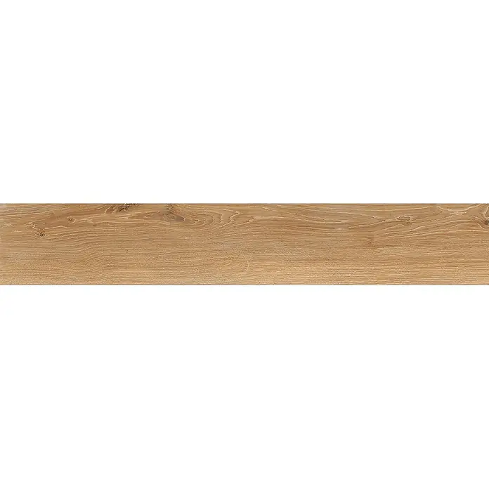 Feinsteinzeug in honigfarbener Holzoptik 20x120 - Italienische Fliesen -  - Hellbraune Holzoptikplatte mit natürlicher Maserung und dezenten Ästen.