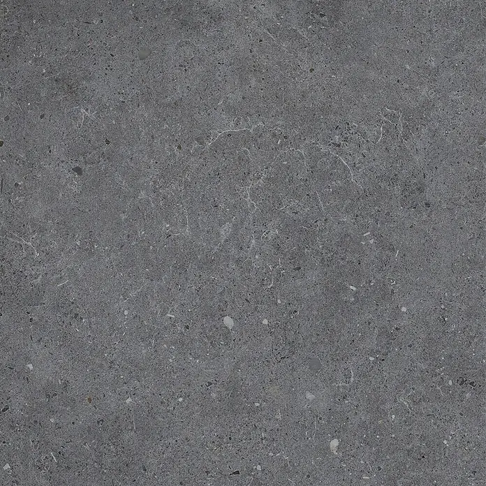 Feinsteinzeug in anthrazit Betonoptik 60x60 - Italienische Fliesen -  - Dunkelgraue texturierte Steinoberfläche mit kleinen, vielfältigen Einschlüssen und zarterer, hellerer Maserung.