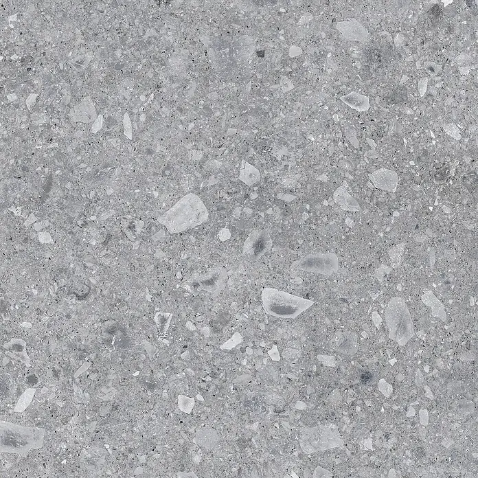 Feinsteinzeug in grauer Steinoptik 60x120, 20 mm, rutschhemmend -  - Grau melierte Terrazzo-Oberfläche mit gesprenkeltem Aggregat, ideal für moderne Böden und Verkleidungen.