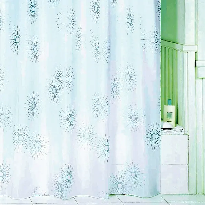 Venus Duschvorhang Suns - B x H: 180 x 200 cm, Textil, Silber/Weiß - Eine weiße Duschvorhang mit einem blauen Sternmuster neben einer Badewanne mit einer Flasche.