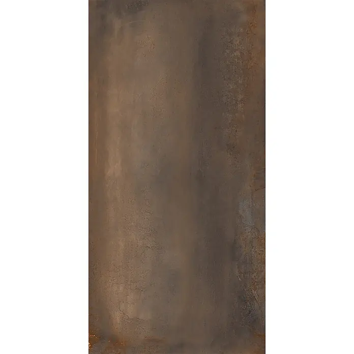 Feinsteinzeug in Corten-oxidierter Metalloptik 60x120 - Ital. Fliesen -  - Dunkelbraune strukturierte Fliese mit verwittertem, industriellem Metall-Look.