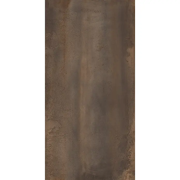 Feinsteinzeug in Corten-oxidierter Metalloptik 60x120 - Ital. Fliesen -  - Rechteckige, dunkelbraune Fliese mit verwitterter, metallischer, oxidierter Textur.