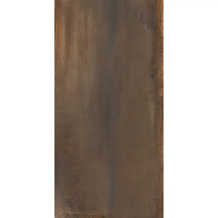 Feinsteinzeug in Corten-oxidierter Metalloptik 60x120 - Ital. Fliesen -  - Dunkelbraune, oxidierte Metall-Effekt-Oberfläche mit rustikalen Variationen.