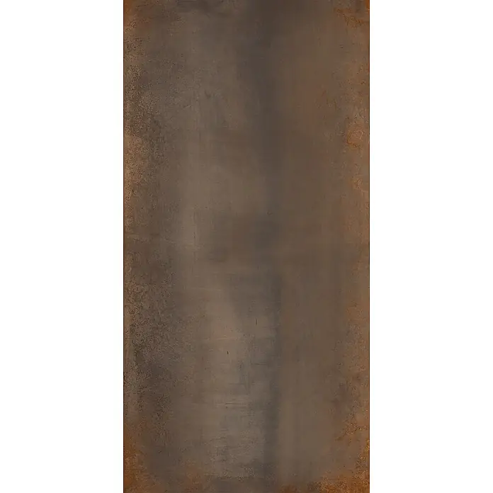 Feinsteinzeug in Corten-oxidierter Metalloptik 60x120 - Ital. Fliesen -  - Verwitterte dunkelbraune Metalltextur mit rotbraunen Rostdetails, ideal für Oberflächen.