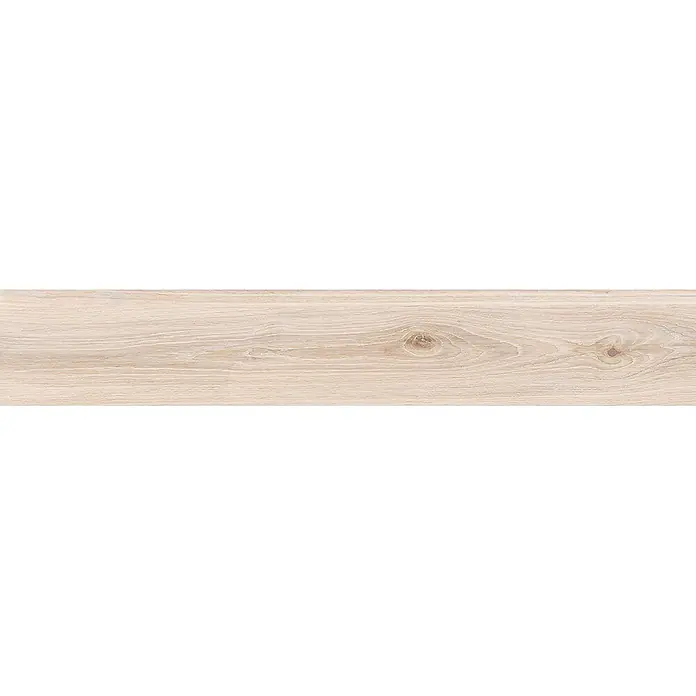 Feinsteinzeug in beiger Holzoptik 20x120, rutschhemmend - Ital. Fliesen -  - Helles Holzbrett mit sichtbarer Maserung und feinen Ästen.