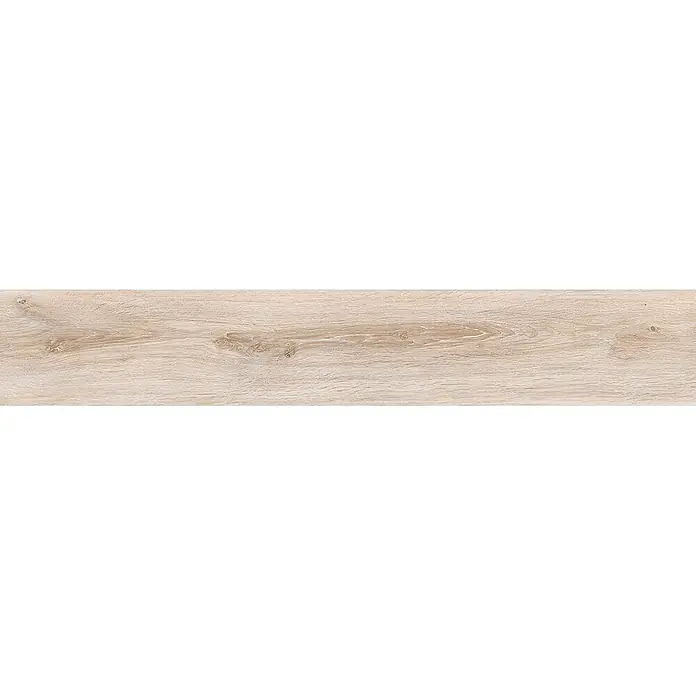 Feinsteinzeug in beiger Holzoptik 20x120, rutschhemmend - Ital. Fliesen -  - Helle Holzoptik-Bodenplanke mit sichtbarer Maserung und dezenten Ästen.