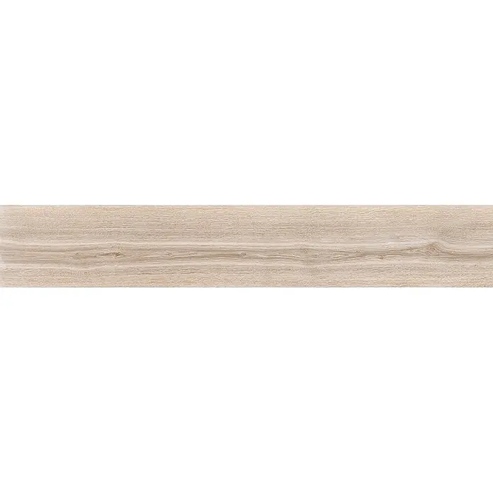 Feinsteinzeug in beiger Holzoptik 20x120, rutschhemmend - Ital. Fliesen -  - Helles beigefarbenes Holzbrett mit natürlicher Maserung und dezenten Ästen, ideal für Böden.