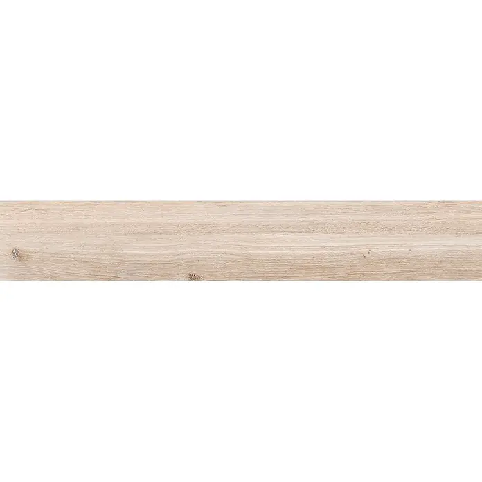 Feinsteinzeug in beiger Holzoptik 20x120, rutschhemmend - Ital. Fliesen -  - Helles Holzbrett mit natürlicher Maserung und einigen Ästen.