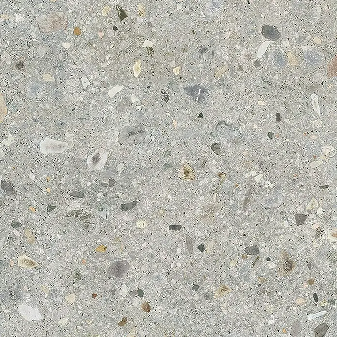 Feinsteinzeug in matter hellgrauer Steinoptik 120x120 - Ital. Fliesen -  - Graue Terrazzo-Oberfläche mit bunten Steinsplittern, geeignet für Boden- oder Wandverkleidungen.