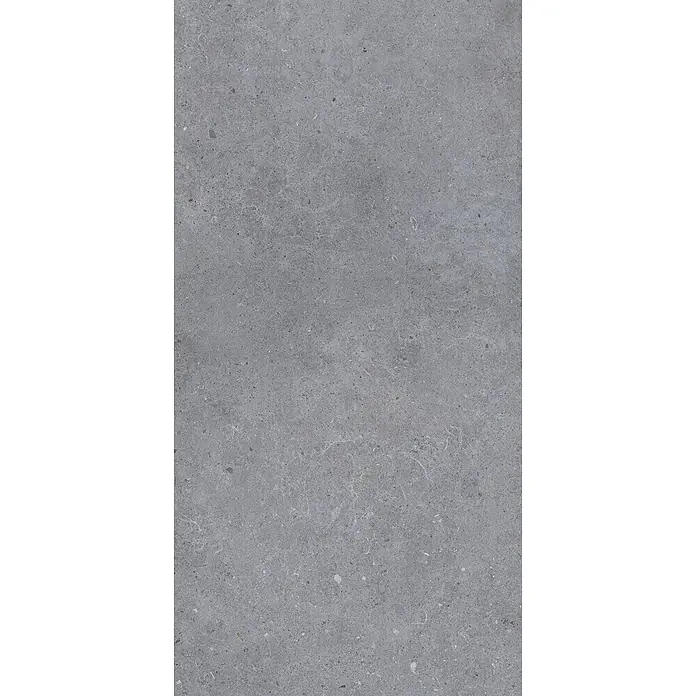 Feinsteinzeug in matter dunkelgrauer Betonoptik 60x120 - Ital. Fliesen -  - Graue Fliese in Steinoptik mit feinen Sprenkeln und weißen Maserungen.