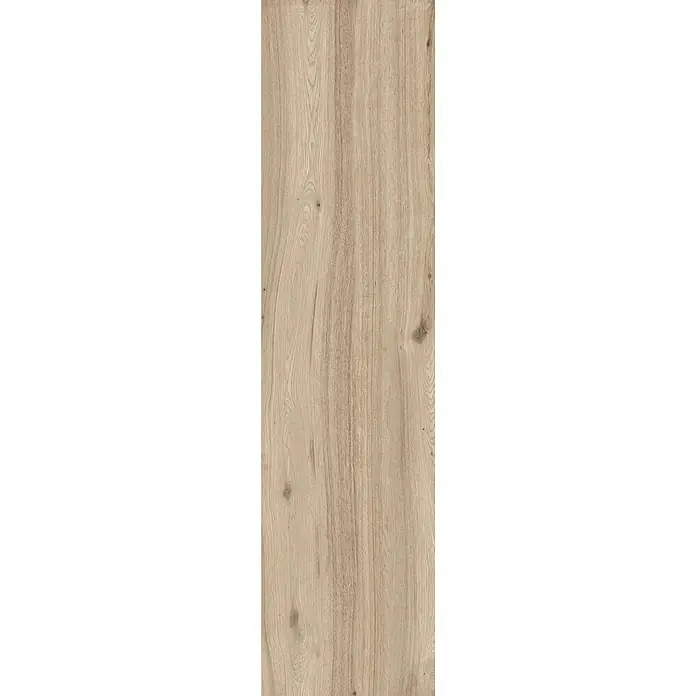 Feinsteinzeug in roher beiger Holzoptik 30x120, rutschhemmend -  - Helle Holzmaserungsoberfläche mit vertikalen Mustern und subtilen Ästen.