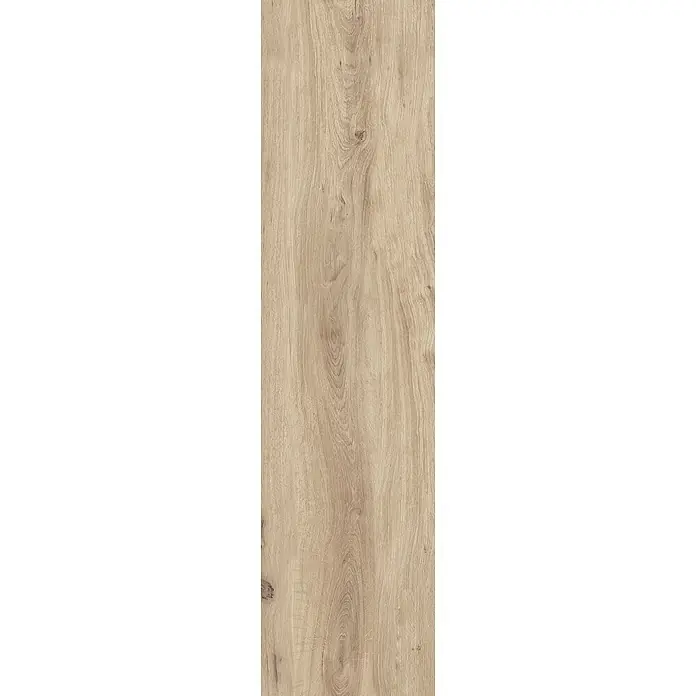 Feinsteinzeug in roher beiger Holzoptik 30x120, rutschhemmend -  - Hellbraune Holzoberfläche mit natürlicher Maserung und sichtbaren Ästen.