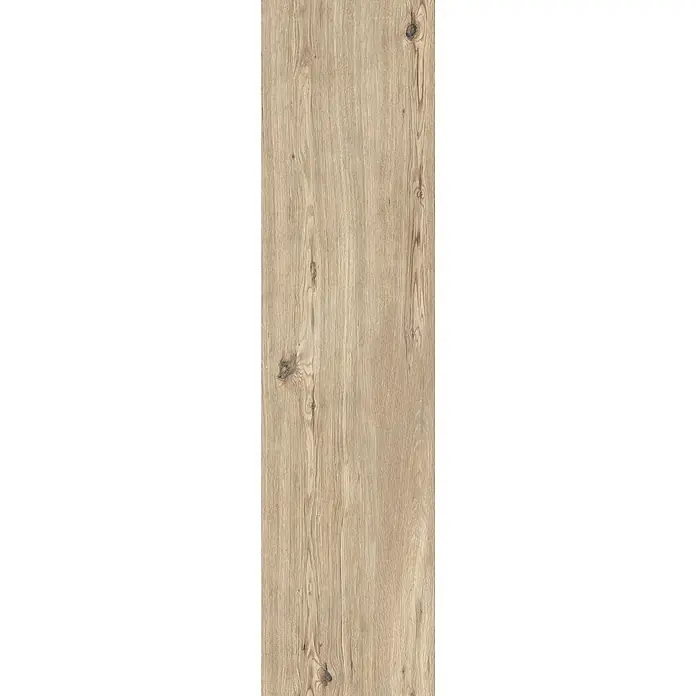 Feinsteinzeug in roher beiger Holzoptik 30x120, rutschhemmend -  - Helle braune Holzmaserung mit ausgeprägter Maserung und natürlichen Ästen.
