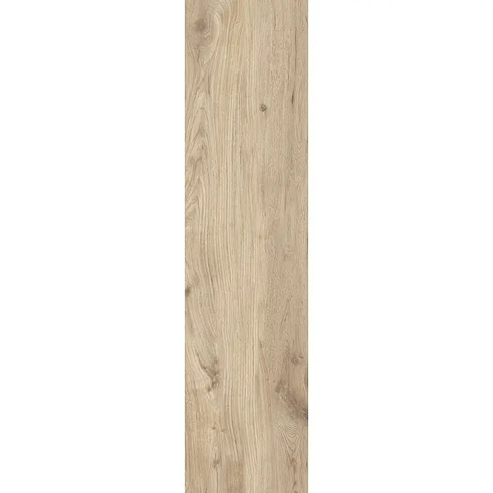 Feinsteinzeug in roher beiger Holzoptik 30x120, rutschhemmend -  - Helle, natürliche Holzmaserung mit feinen vertikalen Mustern und kleinen Ästen, ideal für Böden oder Paneele.